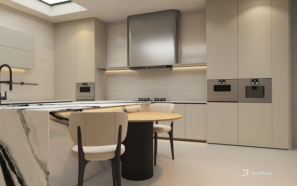 Stylish Modern Beige Kitchen With Built In Appliances Marble Island And Cozy Dining Space 3d model 