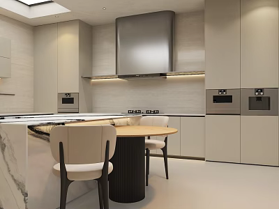 Stylish Modern Beige Kitchen With Built In Appliances Marble Island And Cozy Dining Space 3d model