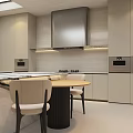 Stylish Modern Beige Kitchen With Built In Appliances Marble Island And Cozy Dining Space