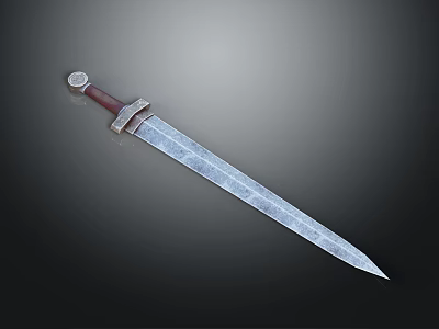 Ancient Forged Sword with Textured Blade Red Handle and Metal Hilt on Dark Background 3d model