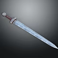Ancient Forged Sword with Textured Blade Red Handle and Metal Hilt on Dark Background