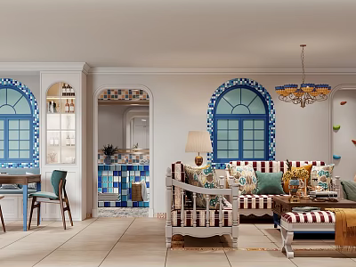Mediterranean Living Dining Room Arched Blue Windows Striped Sofa And Chandelier Decor 3d model