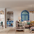 Mediterranean Living Dining Room Arched Blue Windows Striped Sofa And Chandelier Decor