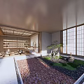 Traditional Chinese Teahouse Interior With Wooden Roof Tatami Seats Tea Sets Display And Potted Pine