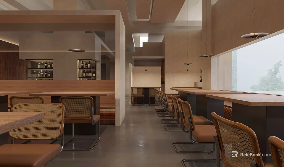 Modern Hot Pot Restaurant Interior With Rattan Chairs Wooden Counter And Pendant Lights 3d model 