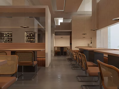 Modern Hot Pot Restaurant Interior With Rattan Chairs Wooden Counter And Pendant Lights 3d model