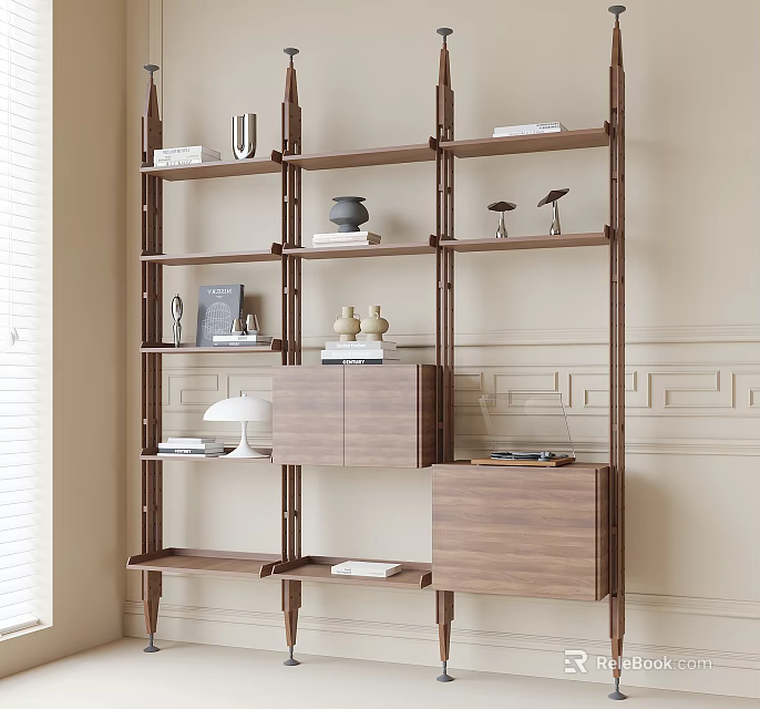 Modern Wooden Shelving Unit With Multiple Tiers Holding Books And Decorative Items On Light Wall 3d model 
