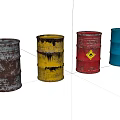 Industrial Equipment Storage Drums Various Colors Rusted Yellow Stained Red with Hazard Sign Blue