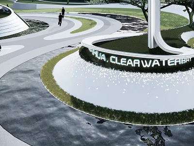 Landscape Sculpture with Circular Base Inscription HUA CLEARWATER BAY and Surrounding Walkways Lawns Trees People 3d model