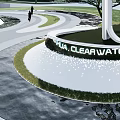 Landscape Sculpture with Circular Base Inscription HUA CLEARWATER BAY and Surrounding Walkways Lawns Trees People