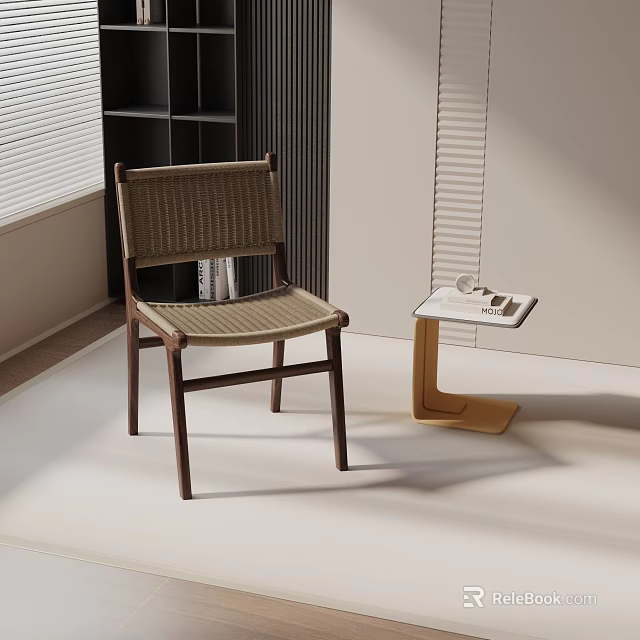 Modern Leisure Chair With Walnut Frame Woven Seat And Side Table In Bright Minimalist Interior 3d model 