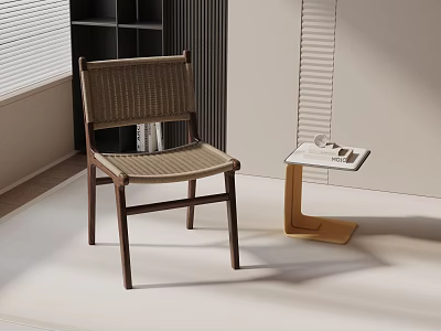 Modern Leisure Chair With Walnut Frame Woven Seat And Side Table In Bright Minimalist Interior 3d model