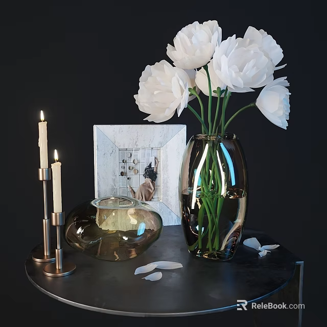 Decorative Ornaments Set with White Flowers Glass Vase Photo Frame and Candle Holder 3d model 