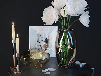 Decorative Ornaments Set with White Flowers Glass Vase Photo Frame and Candle Holder 3d model