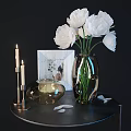 Decorative Ornaments Set with White Flowers Glass Vase Photo Frame and Candle Holder