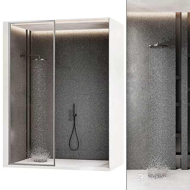 Modern Shower Sauna Interior With Glass Enclosure Rainfall Shower Head And Grey Textured Walls 3d model 