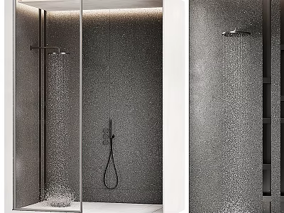 Modern Shower Sauna Interior With Glass Enclosure Rainfall Shower Head And Grey Textured Walls 3d model