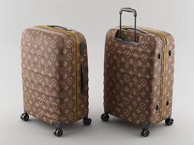 Brown Patterned Suitcases With Yellow Trim Telescopic Handle And Wheels 3d model