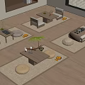Japanese Tea Table and Chair Combination Futon Tatami Cushion Stool Tea Set 3d model