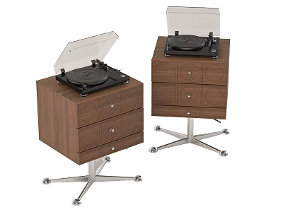 Wooden Audio Cabinet With Record Player Drawers And Metal Rolling Base 3d model