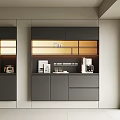 Modern Stylish Sideboard With Grey Black Finish Wooden Panels Storage Drawers Cabinets And Coffee Machine