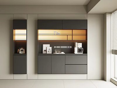 Modern Stylish Sideboard With Grey Black Finish Wooden Panels Storage Drawers Cabinets And Coffee Machine 3d model