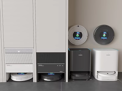 Smart Machines Home Interior With Robot Vacuums Air Purifiers Charging Docks And Storage Cabinets 3d model