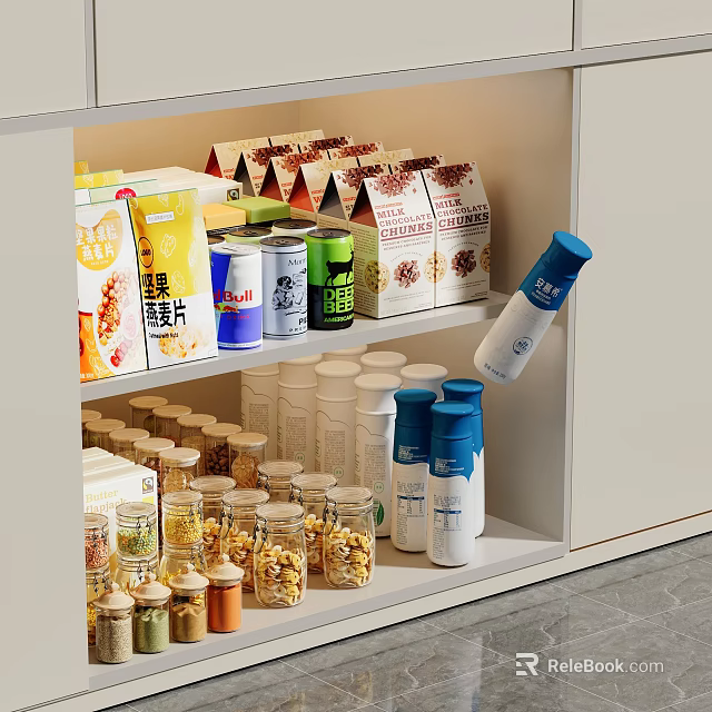Organized Kitchen Cabinet Interior With Food Items Cereal Boxes Jars And Containers 3d model