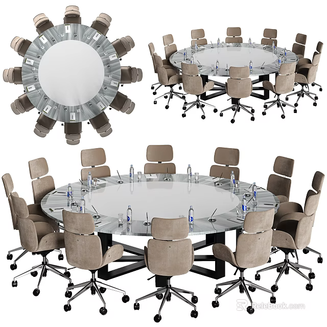 Round Modern Conference Table With Wheeled Office Chairs And Glass Top 3d model 