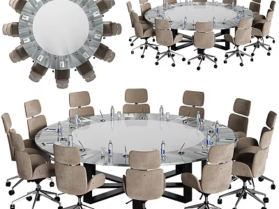 Round Modern Conference Table With Wheeled Office Chairs And Glass Top 3d model