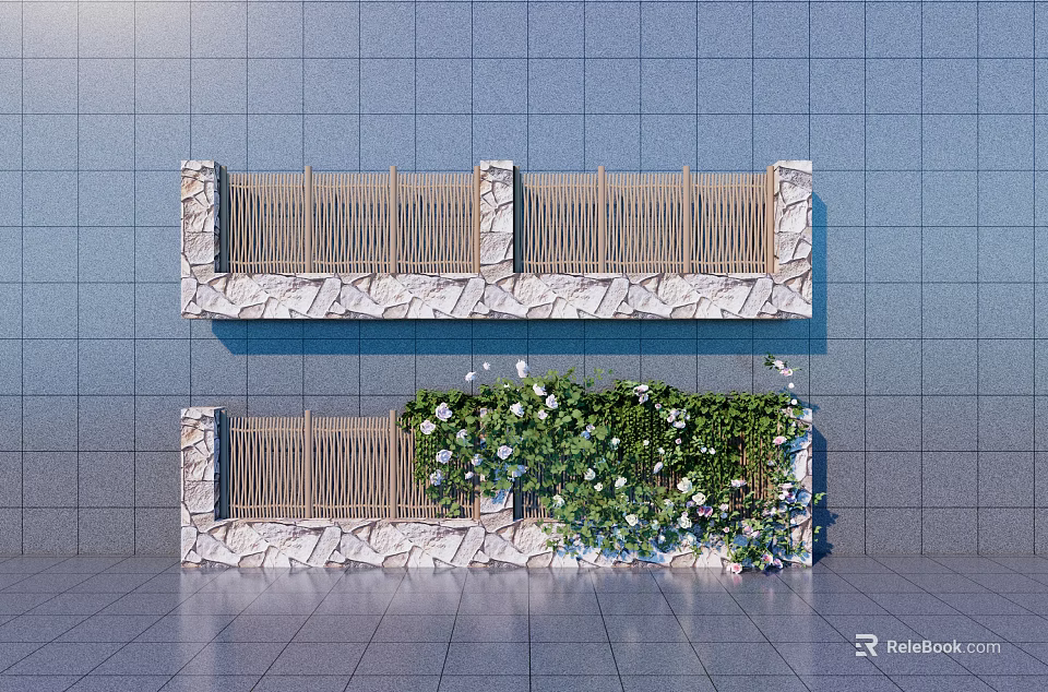 Two Tiered Feature Wall With Stone And Wooden Railings Green Plants Against Blue Tiled Wall 3d model 