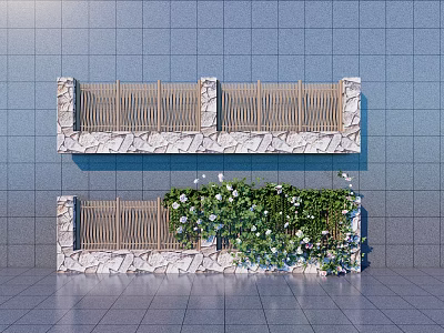 Two Tiered Feature Wall With Stone And Wooden Railings Green Plants Against Blue Tiled Wall 3d model