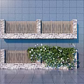 Two Tiered Feature Wall With Stone And Wooden Railings Green Plants Against Blue Tiled Wall