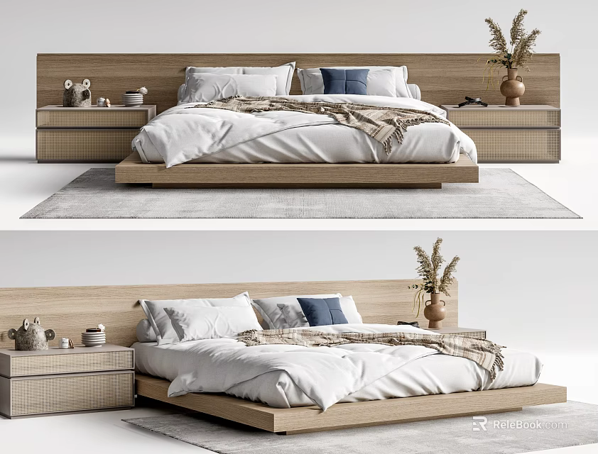 Modern Double Bed With Wooden Frame White Bedding Blue Pillows And Woven Nightstands 3d model 