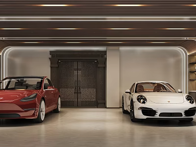 Luxury Garage Interior With Red And White Sports Cars And Modern Recessed Lighting 3d model