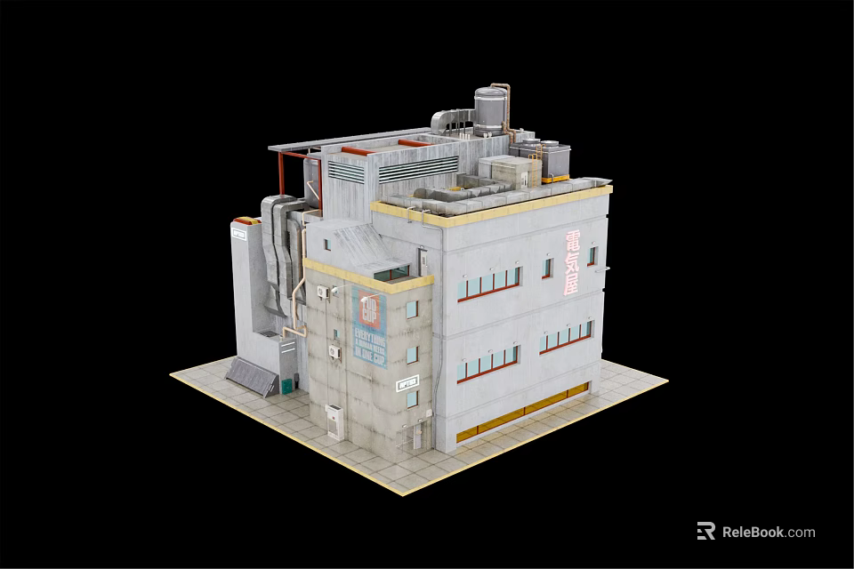 Detailed Cartoon Industrial Building 3D Model With Multiple Structures And Pipes 3d model