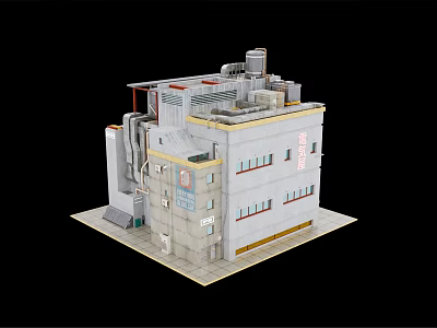 Detailed Cartoon Industrial Building 3D Model With Multiple Structures And Pipes 3d model
