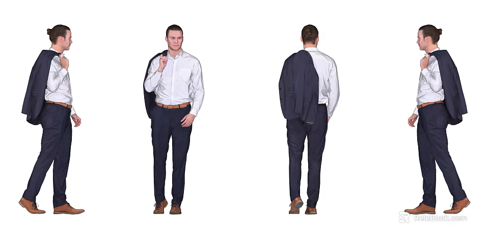The Man Wearing White Shirt Dark Pants with Suit Jacket Over Shoulder Front Back Views 3d model 