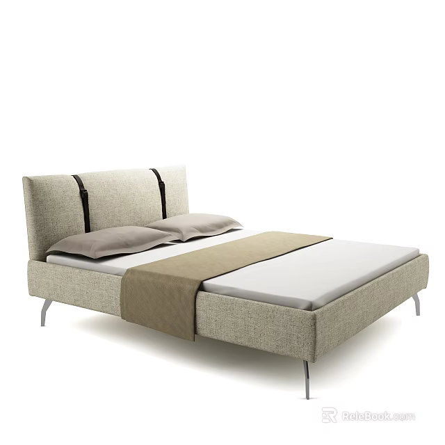 Modern Double Bed With Upholstered Headboard Light Gray Pillows And Brown Throw 3d model