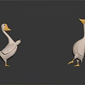 Decorative White Duck Figurines With Yellow Beaks And Feet Standing On Dark Surface With Reflection