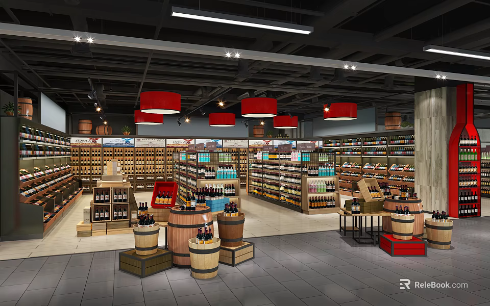 Supermarket Department Store Interior Layout With Shelves Red Pendant Lights And Wine Barrels 3d model 