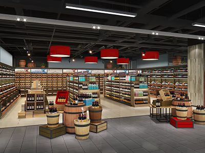 Supermarket Department Store Interior Layout With Shelves Red Pendant Lights And Wine Barrels 3d model