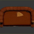 Red Leather Double Sofa with Tufted Curved Armrests Metal Legs and Leaves on Dark Background