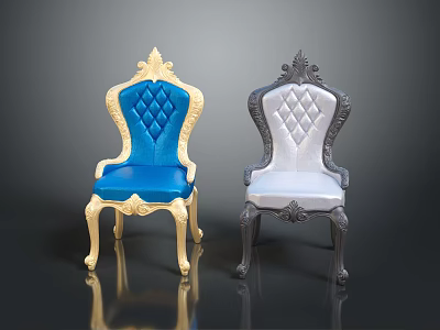 Elegant Classic Carved Chairs With Blue Gray Diamond Tufted Upholstery And Ornate Legs 3d model