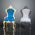 Elegant Classic Carved Chairs With Blue Gray Diamond Tufted Upholstery And Ornate Legs