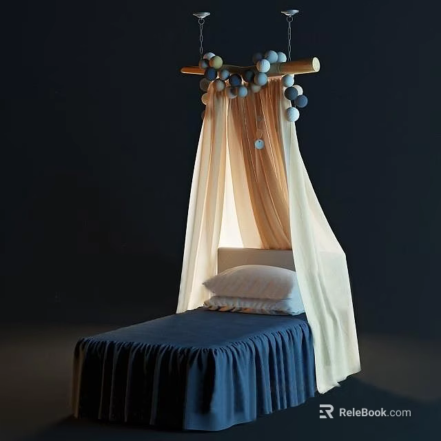 Modern Single Bed Interior Design With Cream Canopy Blue Bedspread And Decorative Balls 3d model 