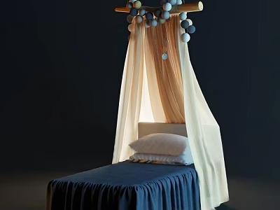 Modern Single Bed Interior Design With Cream Canopy Blue Bedspread And Decorative Balls 3d model