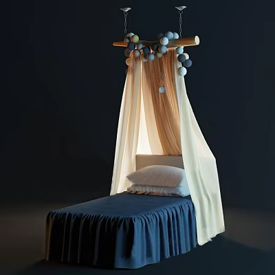 Modern Single Bed Interior Design With Cream Canopy Blue Bedspread And Decorative Balls 3d model