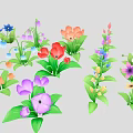 Cartoon Scene Featuring Colorful Vibrant Flowers With Various Colors And Green Leaves