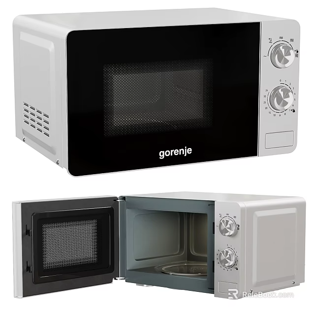 Gorenie Black And White Microwave Oven With Knobs And Open Closed Door Kitchen Appliance 3d model 